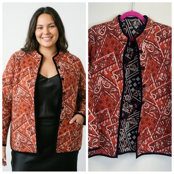 Jackets & Blazers - Womens M/L Reversible Red Black Paisley Bandanna Jacket Boho Western Button Up